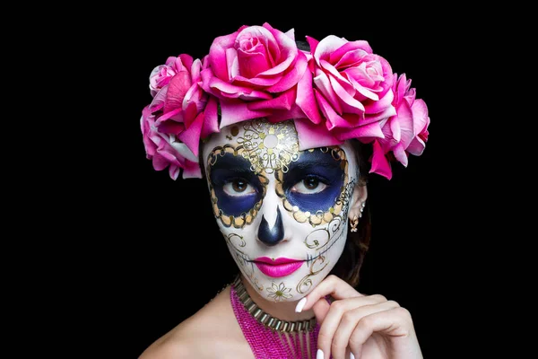 Maquillaje Arte Mujer Maquillaje Cráneo Aterrador Para Halloween Cara Arte — Foto de Stock