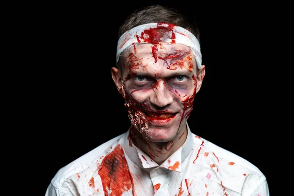 Творческий Макияж Хэллоуина Мужское Лицо Раскрашенное Косметикой Раны Истекающие Кровью — стоковое фото