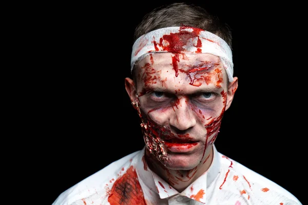 Creative Art Make Halloween Night Man Face Painted Cosmetics Wounds — Stock Photo, Image