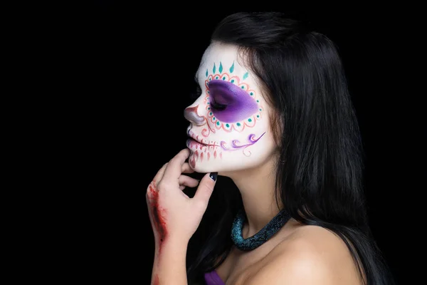 Art Féminin Maquille Maquillage Effrayant Crâne Pour Halloween Face Art — Photo