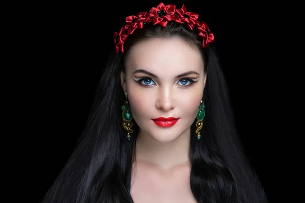 Sexy girl with gorgeous black hair, professional dark makeup. Thick hair hairstyle extensions, dyeing, hair-do care products shampoo. Handmade beads Jewellery, hand-made jewels. New Horizontal banner
