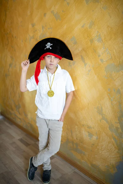 Boy Pirate Preparing Holiday Halloween Big Pirate Hat Captain Ship Stock Image
