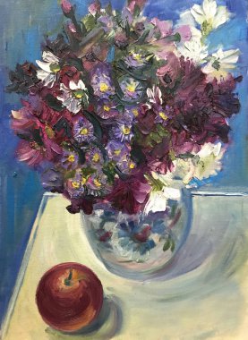 Çizim parlak güneşli bir günde, cam vazoda kır çiçekleri