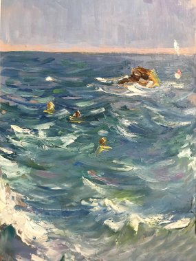 Parlak güneşli bir günde insanlar yüzmek denizde çizim