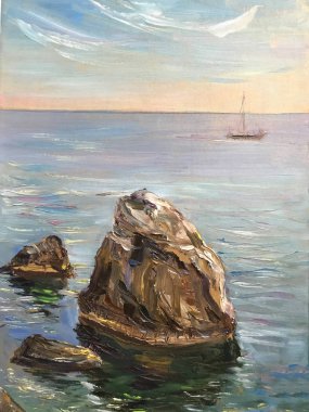 Parlak güneşli bir günde, tekne Yüzme uzakta çizim