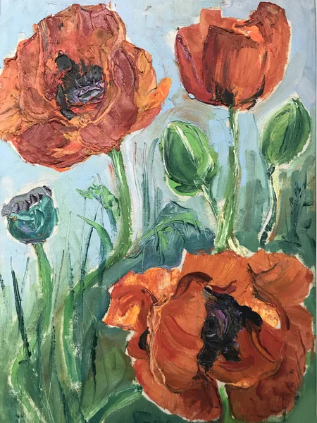 Drawing of bright sunny day, orange poppies flowers