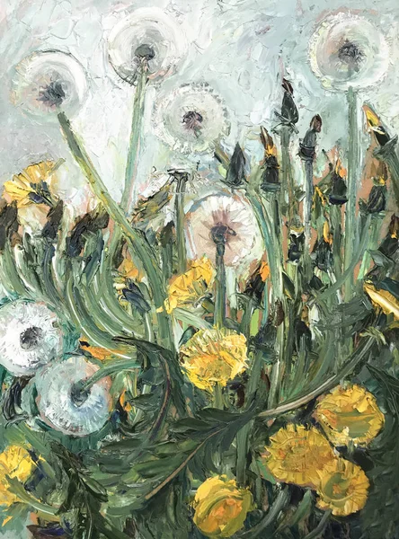 Drawing bright dandelions blossomed field, vintage