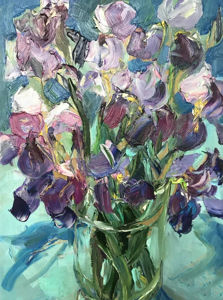Drawing of bright colors irises in glass vase
