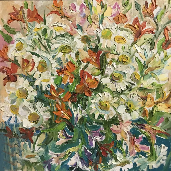 oil art white orange flowers