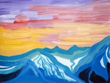 Parlak sarı gökyüzü, mavi dağların çizimi