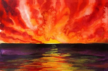 Drawing of bright sunset sunrise over the sea clipart