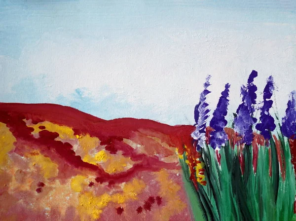 Drawing of bright nature, orange red flowers, blue sky