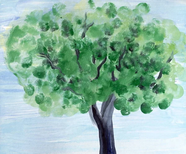 Dibujo de árbol verde brillante, cielo azul naturaleza — Foto de Stock