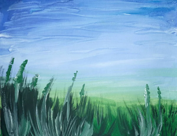 Ritning av ljust grönt gräs, blå himmel, sommar — Stockfoto