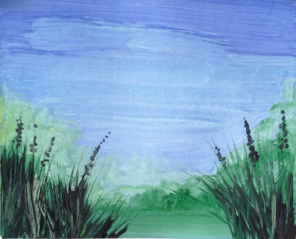 Ritning av ljust grönt gräs sommar blå himmel — Stockfoto