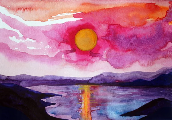 Drawing of bright sunset sunrise over the sea