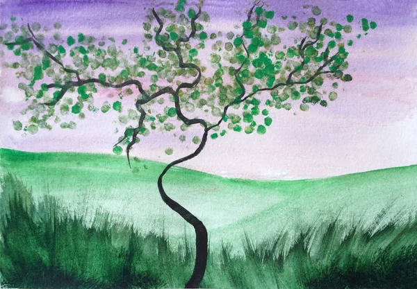 Dibujo de cielo brillante hierba tronco árbol curvado — Foto de Stock