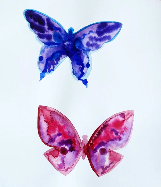 Pintado aquarela universo azul, duas borboletas menina menino — Fotografia de Stock