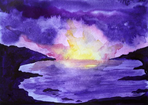 Dibujo de la salida del sol brillante puesta del sol sobre el mar — Foto de Stock