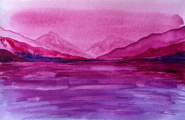 Dibujo de mar violeta brillante, cielo rosa — Foto de Stock