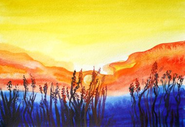 Drawing of bright sunset sunrise over the sea or blue mountains clipart