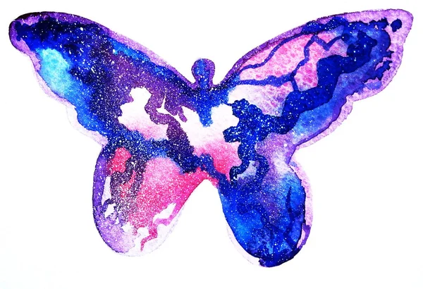 Dibujo de mariposa brillante, galaxia rosa cielo azul —  Fotos de Stock