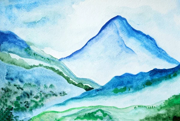 Drawing of bright mountains, green grass, hills blue sky