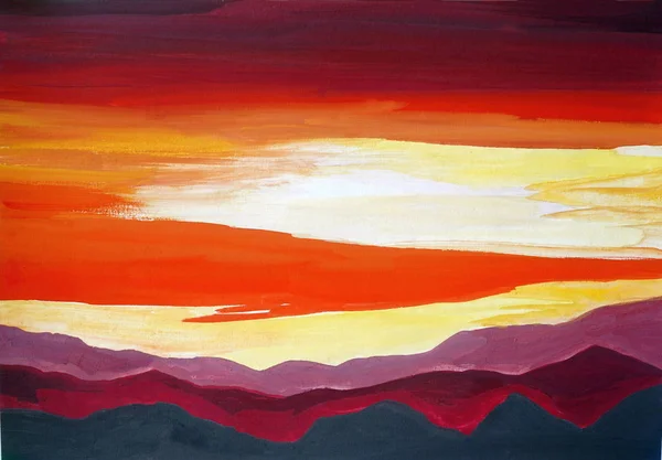 明るい山々の風景、黄色い赤い雲の描画 — ストック写真
