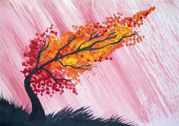 Thunderstorm rain autumn tree watercolor Stock Image