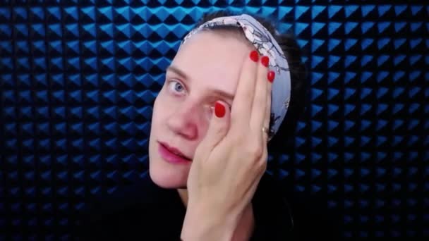 Beautiful Girl Applies New Lifting Cream Touches Her Face Skin — Stock Video