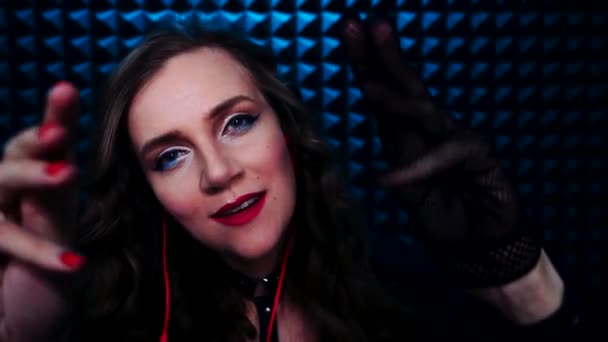 Young Smiling Woman Doing Asmr Sounds Relaxing Gloves Hand Sound — Stock Video