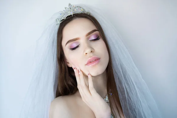 Beautiful Woman Bride Close Portrait Professional Make Glossy Eyeshadows Long — Stock Photo, Image