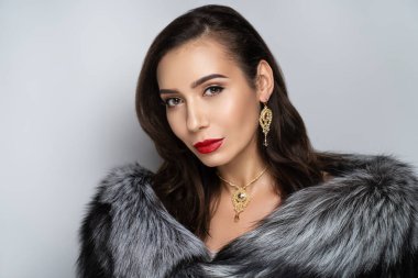 Güzel kız pahalı gümüş tilki kürkünden yapılmış muhteşem bir kürk giyiyor. Lüks mücevherler boynunu süslüyor. Mücevher taşından özel bir kolye. Yeni kıyafet mağazası için mükemmel yatay afiş