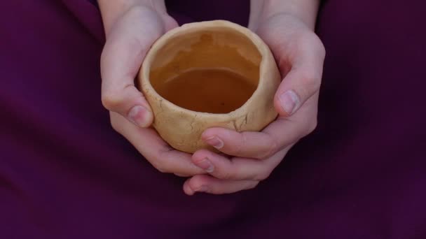 Una donna sta tenendo un tè caldo nella sua tazza. Primo piano delle mani con una Coppa — Video Stock