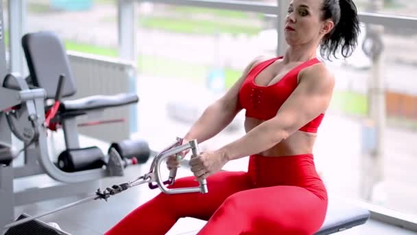 Una mujer entrenada entrena los músculos de la espalda en el simulador . — Vídeos de Stock