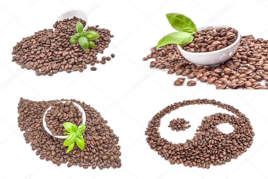 Set of closeup of coffee beans isolated over a white background