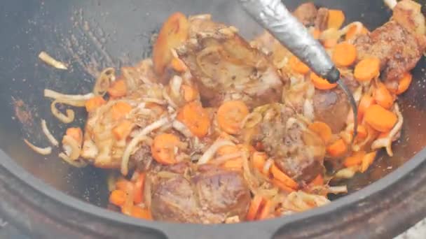 Pražení masa s mrkví a cibulí v kotlíku. — Stock video