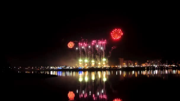 Beautiful firework display for celebration on the river — Stock Video
