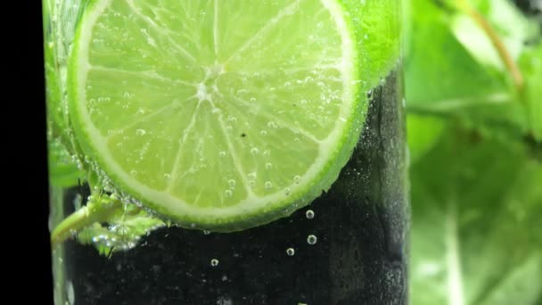 Mojito cocktail eller läsk med lime och mynta. Närbild — Stockvideo