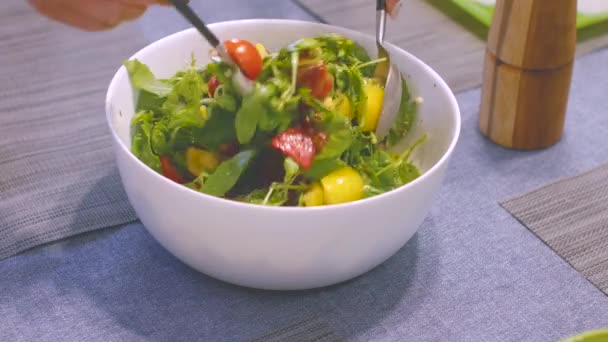 Mengen van ingrediënten van verse tomaat en groene salade close-up — Stockvideo