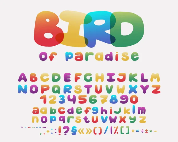 Alphabet tecknad design. Rainbow stil. Versaler och gemena bokstäver, siffror och skiljetecken. Font vektor typografi. Handritad. Eps10 — Stock vektor
