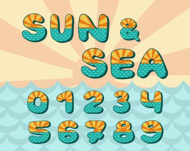 Alfabe deniz kalan, vintage tasarım. Güneş ışınları ve deniz dalgaları Akuamarin renkli, retro tarzı. Yazı tipi vektör tipografi. Elle çizilmiş. Eps10