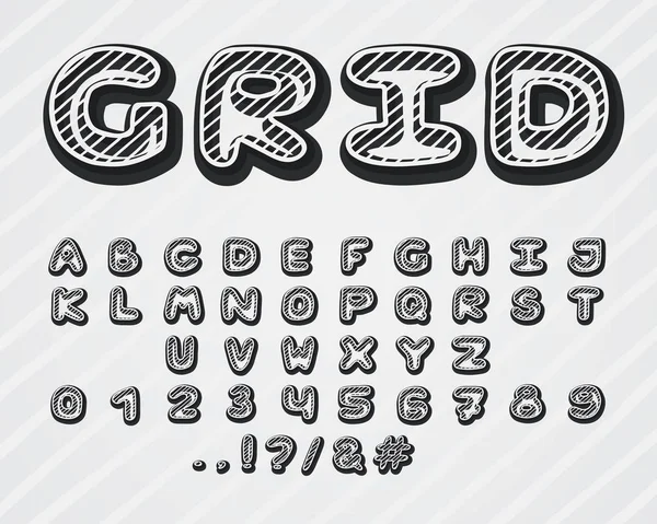 Alphabet grid design. Typsnittet ClipArt. Versaler, siffror och skiljetecken. Font vektor typografi 3d effekt. Handritad. Eps10 — Stock vektor