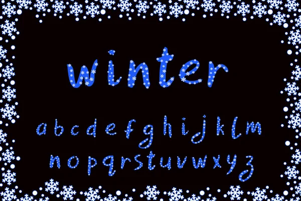Alfabeto diseño de invierno con copos de nieve. Mano cepillo fuente. Letras minúsculas. EPS 10 — Archivo Imágenes Vectoriales