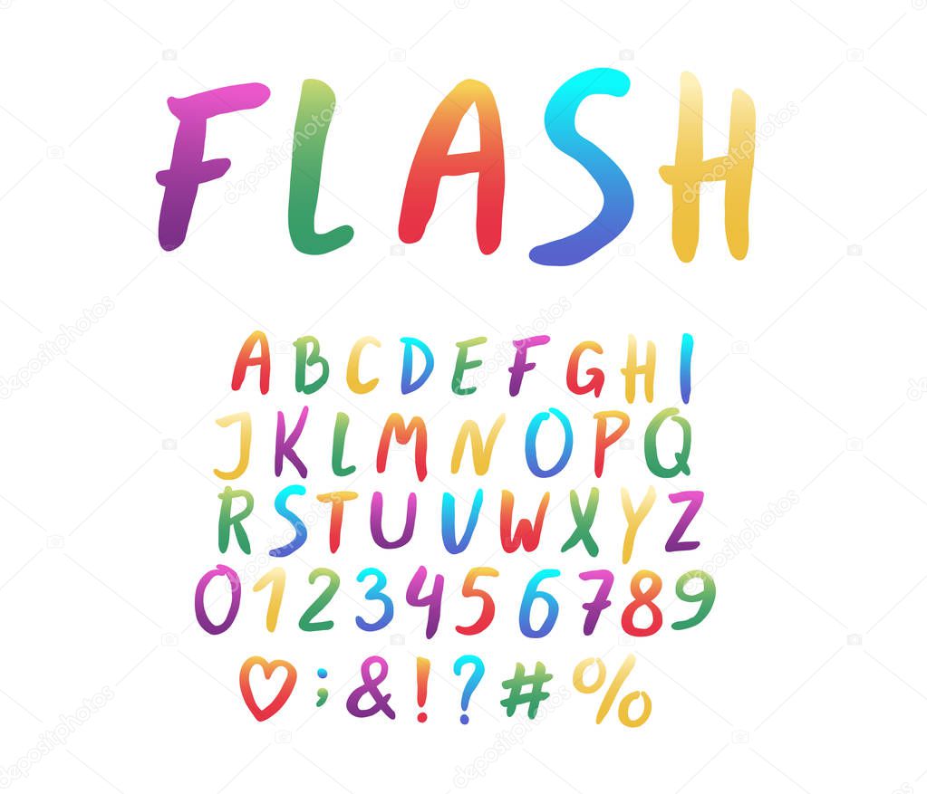 Alphabet modern design. Hand brush font, lettering style. Rainbow color. Letters, numbers and punctuation marks. Bright font for holiday themes. Vector illustration. EPS 10