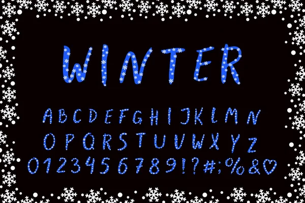 Abeceda zimní design s sněhové vločky. Ruční kartáč písmo. Velká písmena, čísla, znaky. EPS 10 — Stockový vektor