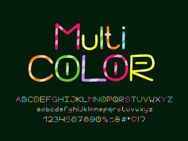 Multicolored Alphabet with diagonal decorative lines. Vector letters, numbers and punctuation marks
