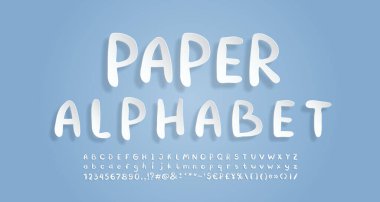 Beyaz kağıt alfabesi. Uçan 3D yazı tipi, gerçekçi kağıt kesimi tarzı. Büyük ve küçük harfler, sayılar, noktalama işaretleri ve semboller. Vektör illüstrasyonu