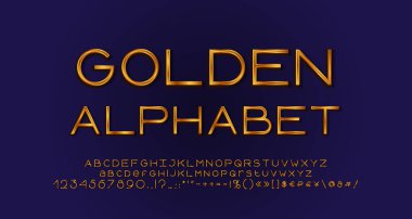 Zarif altın alfabe, geometrik ince çizgiler yazı tipi. Büyük ve küçük harfler, sayılar, semboller ve işaretler. Vektör illüstrasyonu