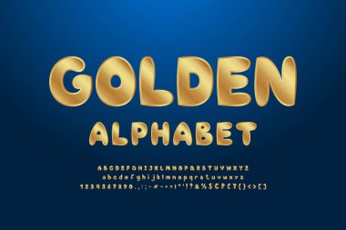 Altın alfabe. Zengin kalın vektör yazı tipi, büyük ve küçük harfler, sayılar, noktalama işaretleri, para birimi sembolleri. Koyu mavi eğimli arkaplan.